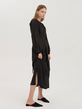 Relaxed Long Sleeve Linen Dress with Gathered Neckline